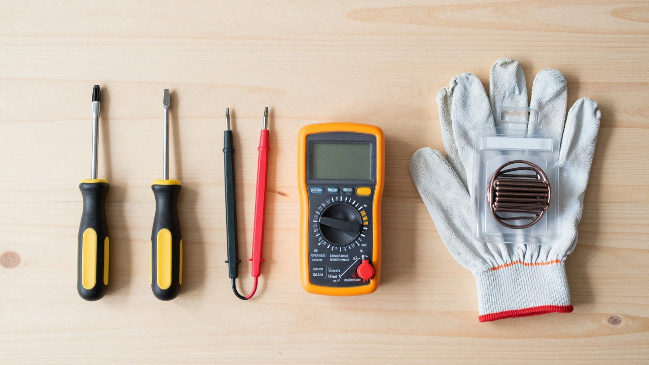 DIY oven repair tools and new heating element on table