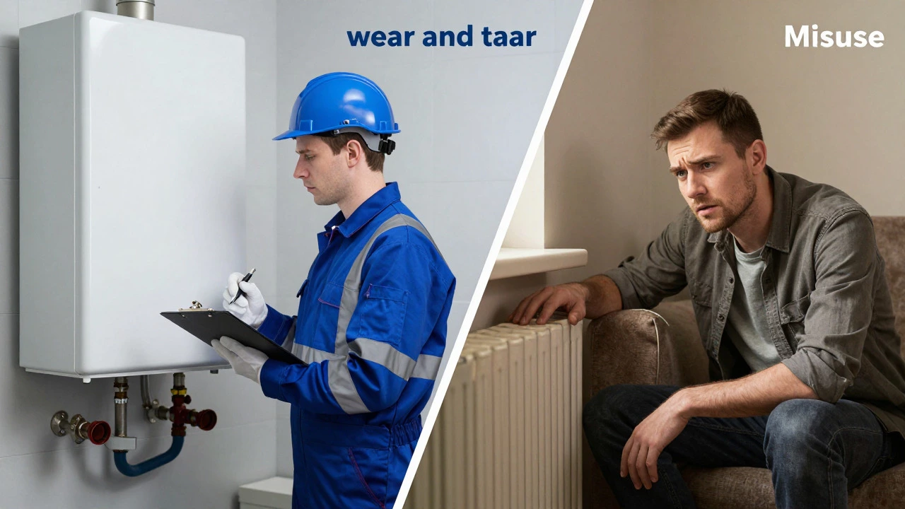 Engineer inspecting boiler versus tenant blocking radiator
