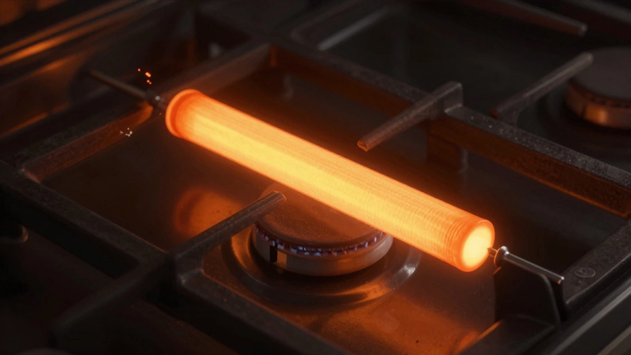 Glowing orange ceramic igniter inside a gas oven