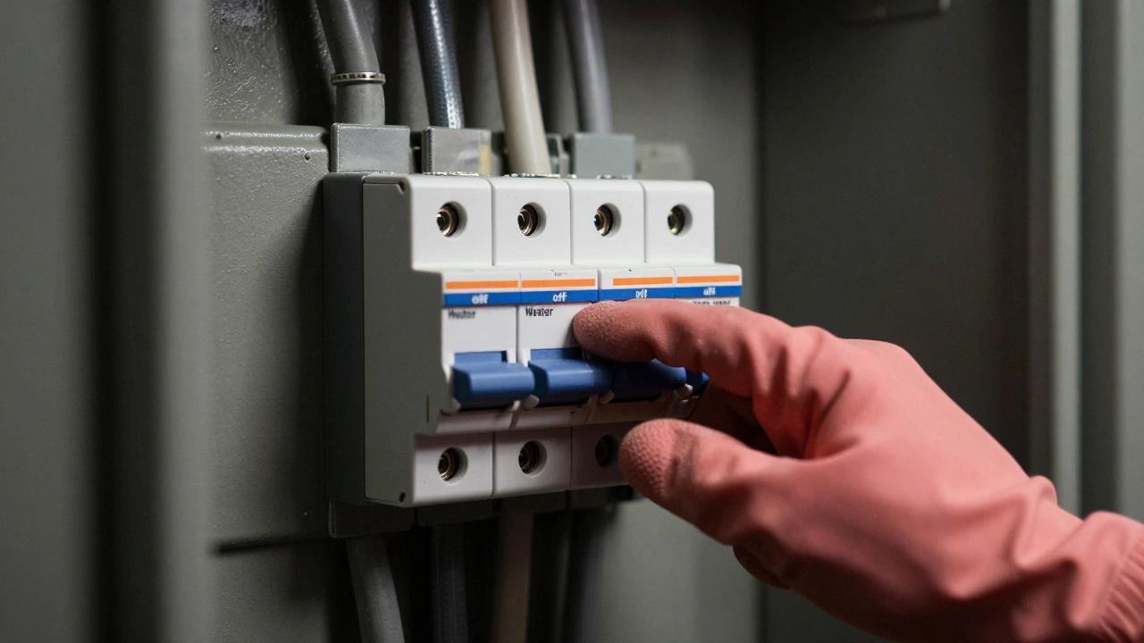 Hand flipping tripped water heater circuit breaker switch