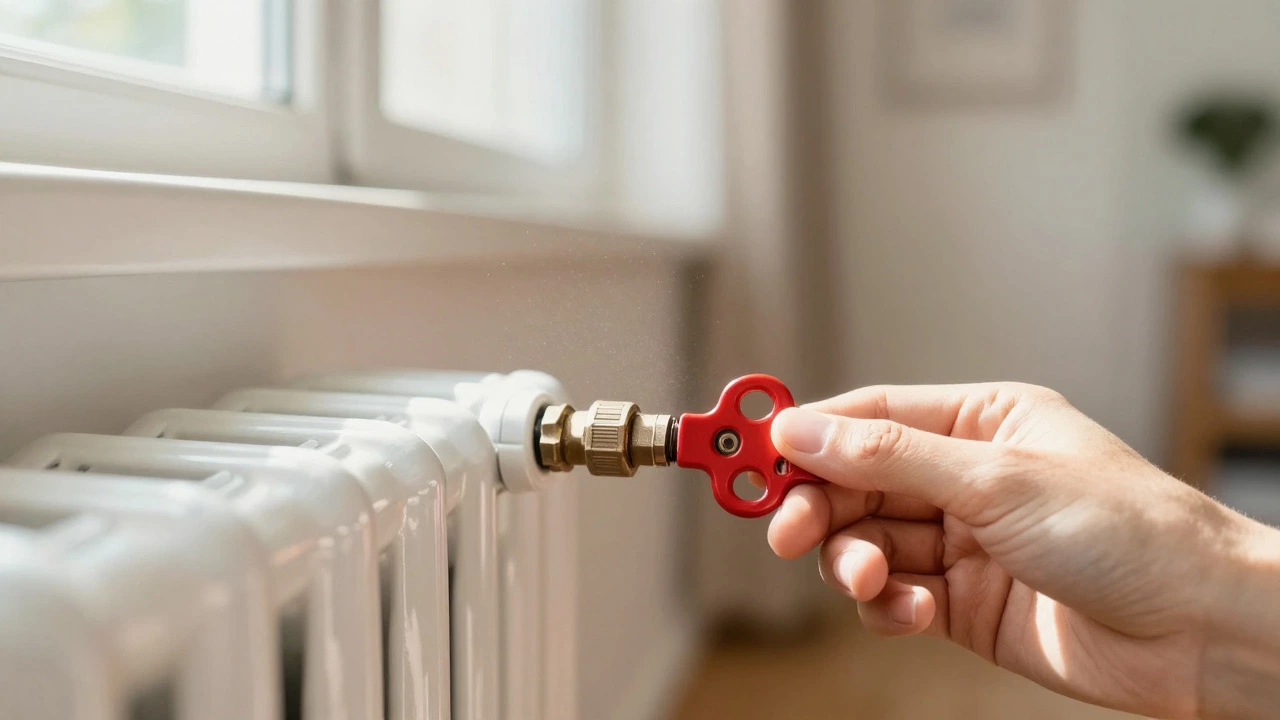 Hand using a key to bleed a white radiator valve