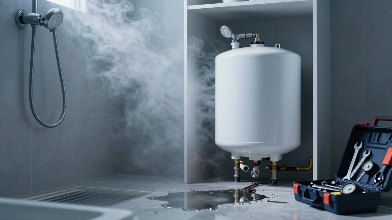 Leaking water heater tank with puddle on floor indicating serious failure