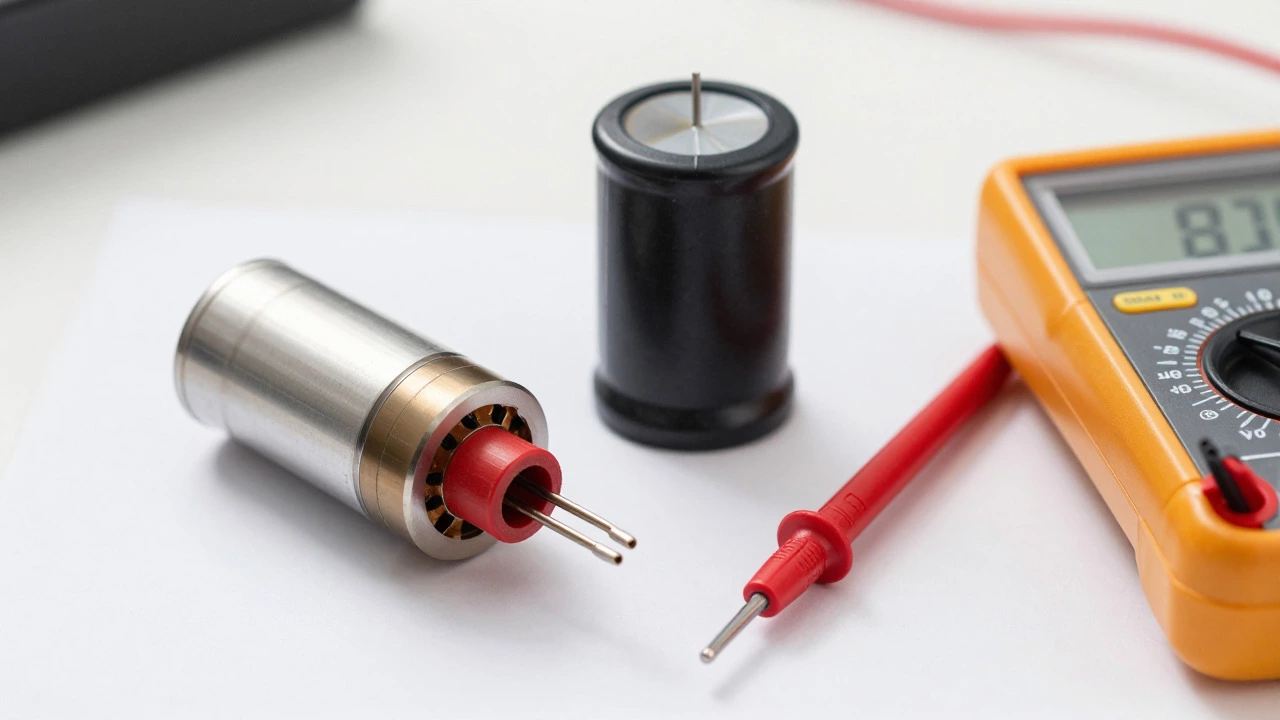 Microwave magnetron, capacitor, and diode parts laid out for repair inspection