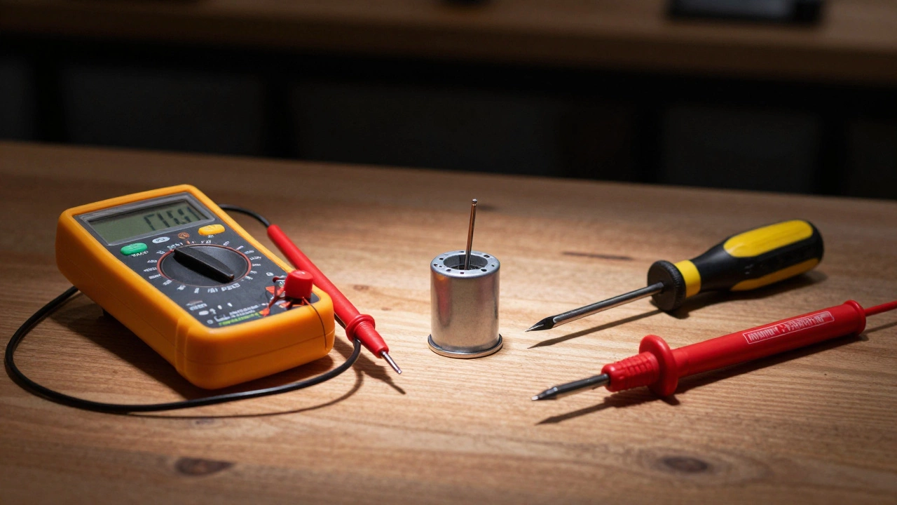Multimeter, capacitor, and tools arranged for DIY electrical fan repair