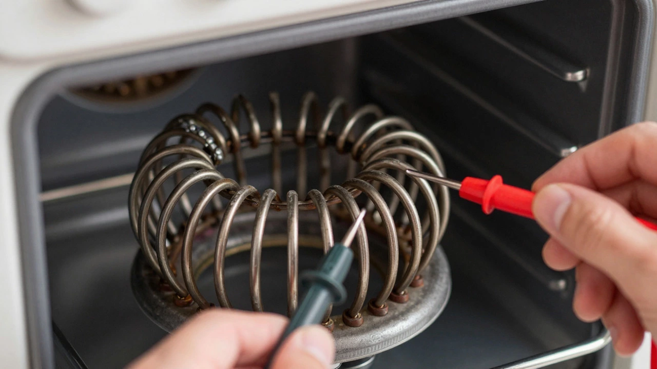 Multimeter testing a damaged oven heating element coil