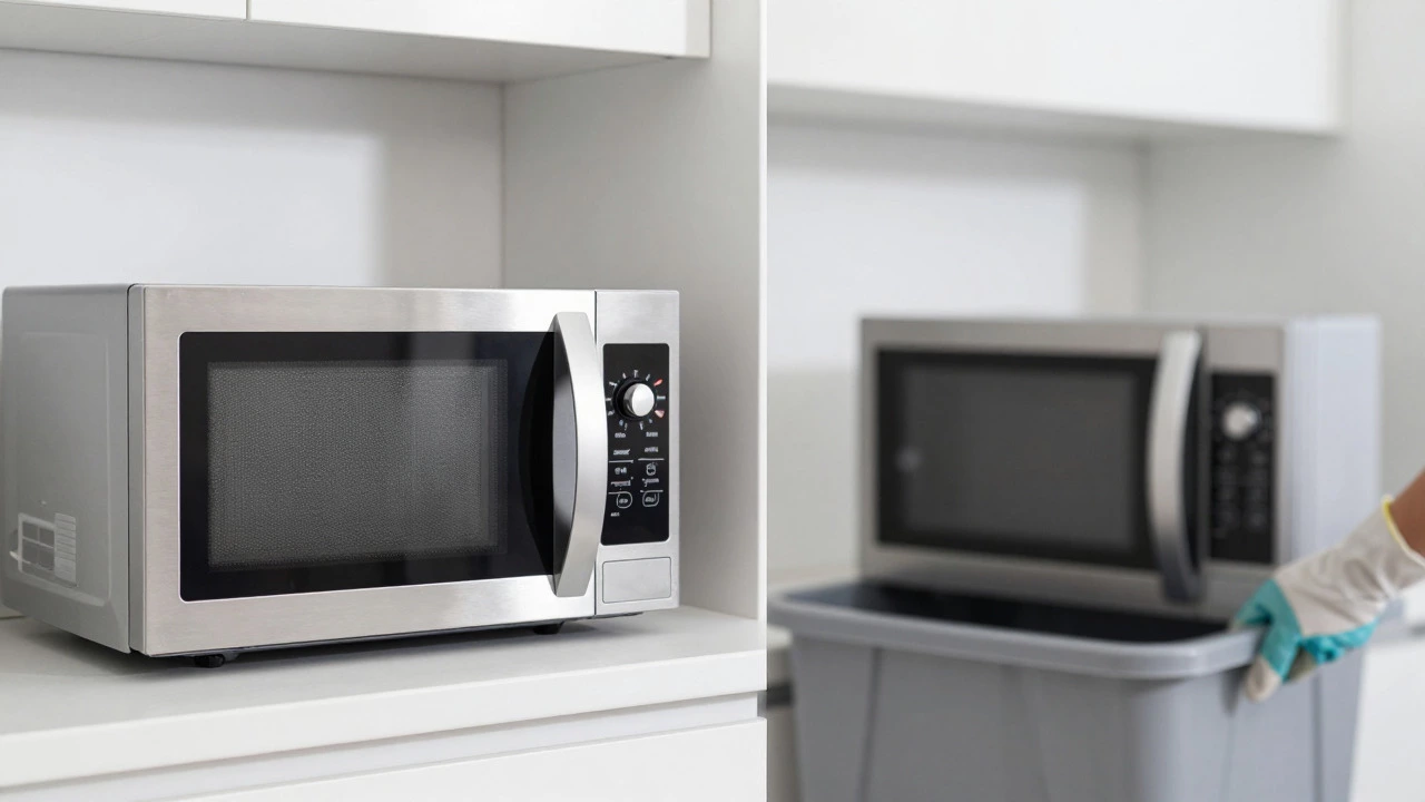 New microwave next to old one being recycled for e-waste disposal
