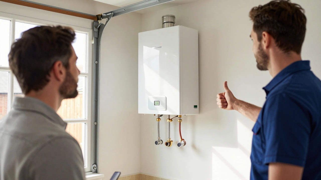 Newly installed water heater with satisfied homeowner nearby