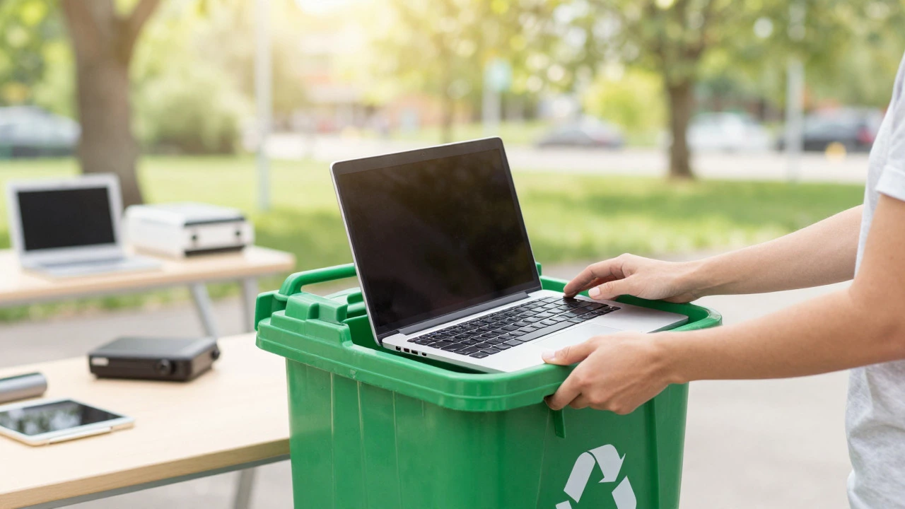 Person recycling old laptop in green bin outdoors