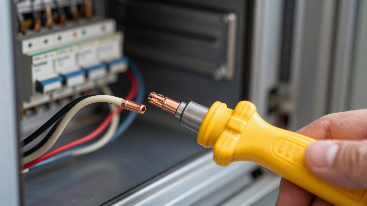 Voltage tester checking wires inside an open oven panel