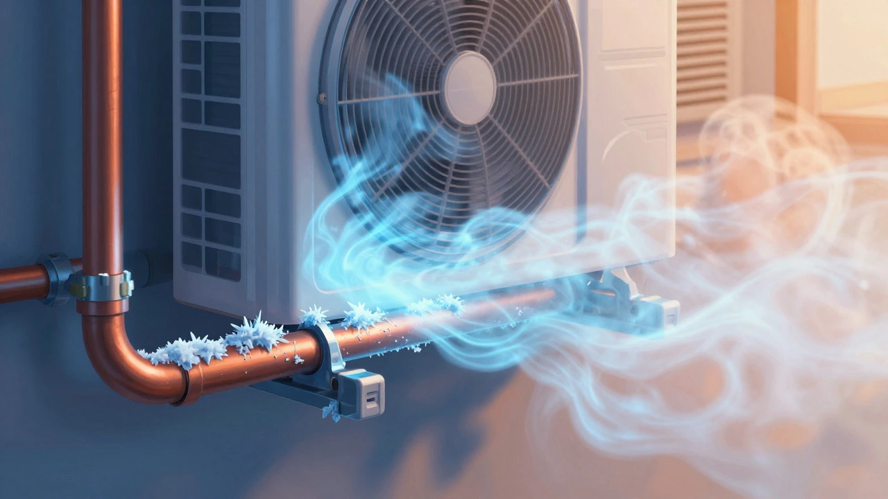 Artistic cross-section of heat pump pipes showing ice formation and lukewarm air circulation