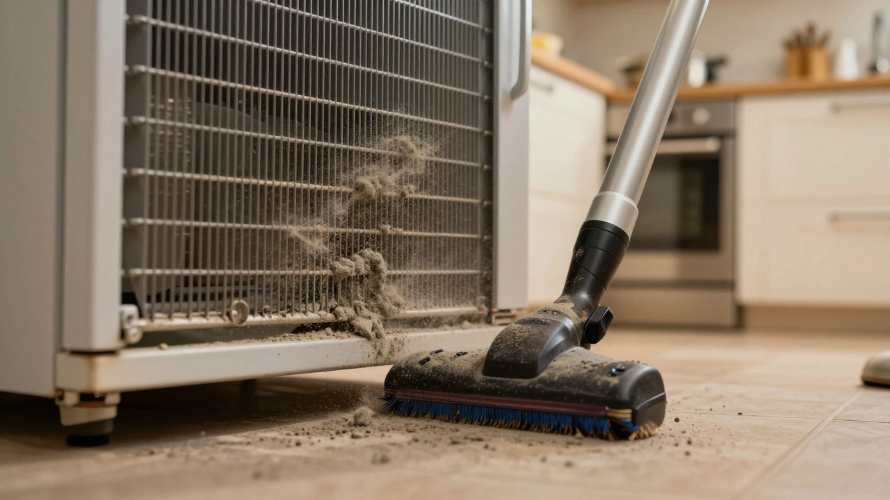 Cleaning dusty condenser coils at the base of a freezer unit