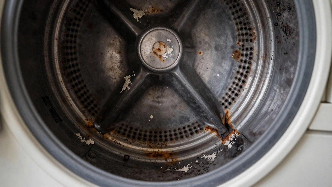 Close-up of a rusty, lint-filled dryer drum interior showing signs of age and wear.