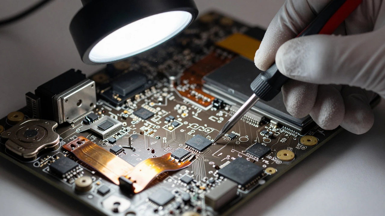 Close-up of technician repairing delicate laptop motherboard