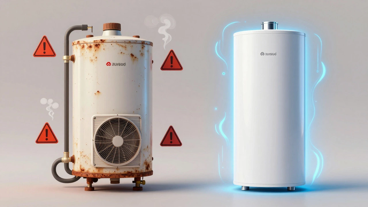Comparison of old rusty heater versus modern efficient heat pump