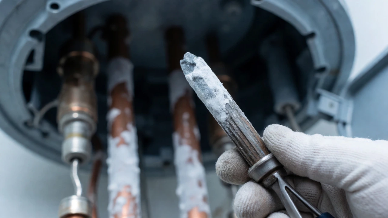 Corroded anode rod and scaled heating elements during water heater maintenance.