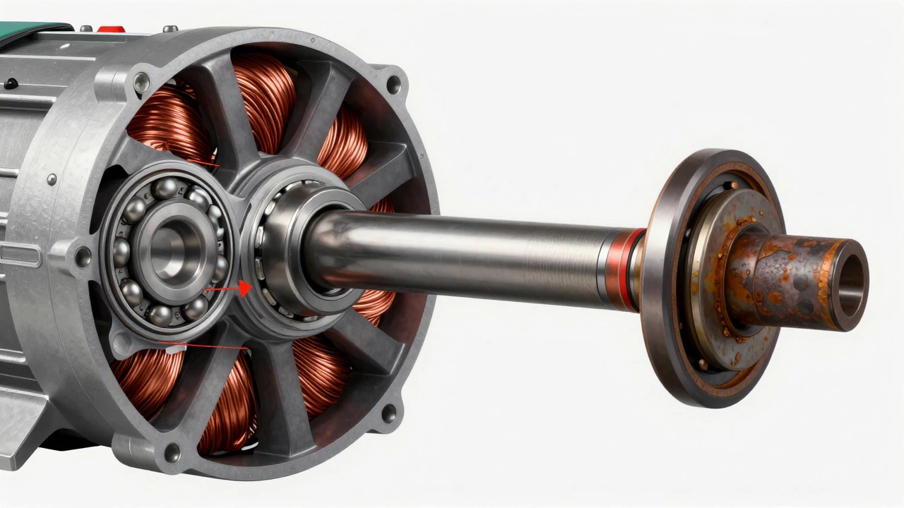 Cross-section illustration comparing healthy and worn extractor fan bearings