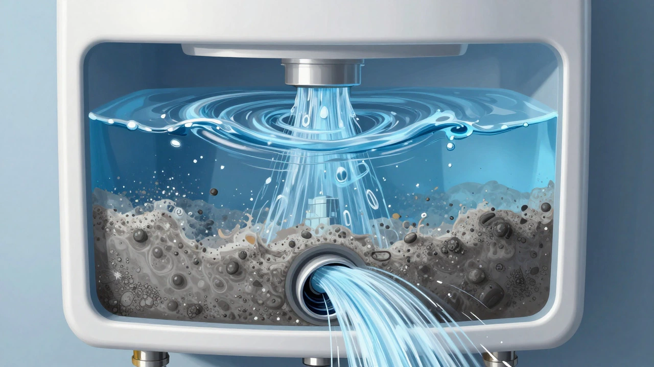 Cross-section illustration of water swirling to remove sediment from a heater tank