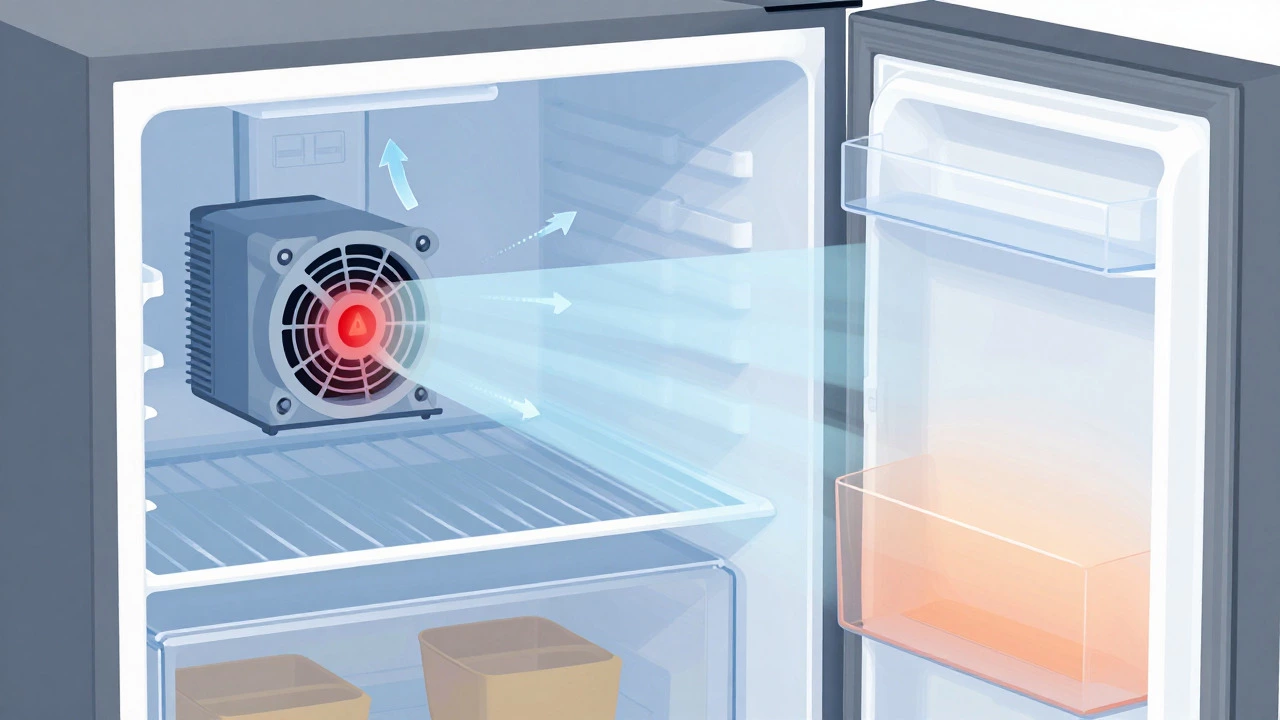 Cutaway diagram illustrating freezer airflow and fan failure