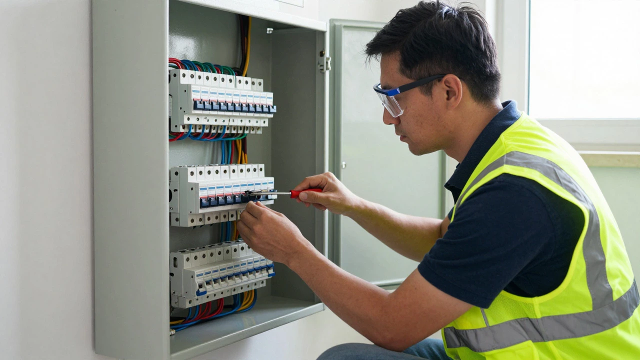 Electrician adjusting a circuit breaker inside an open residential distribution board