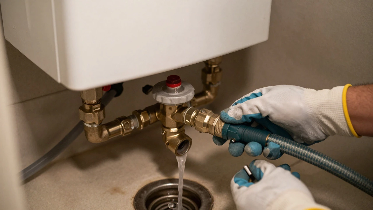 Hands flushing sediment from a gas water heater using a garden hose