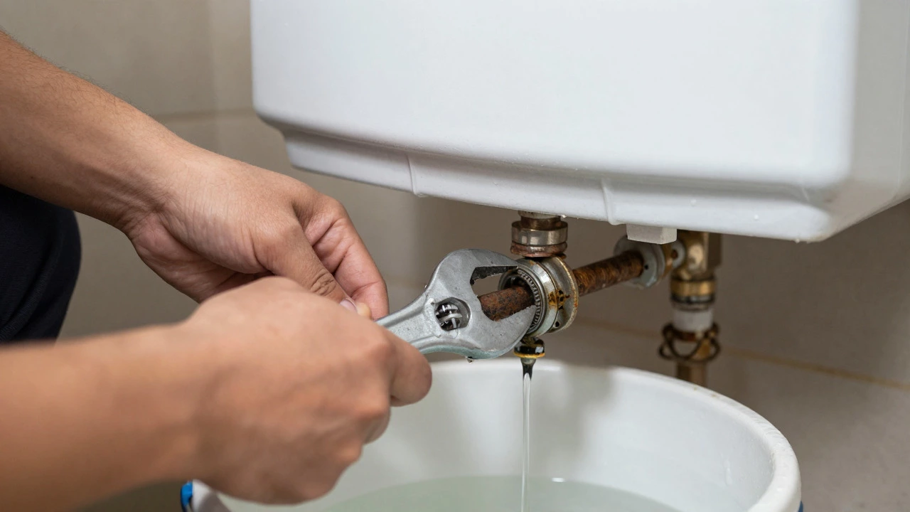 Hands removing old corroded anode rod from water heater with wrench