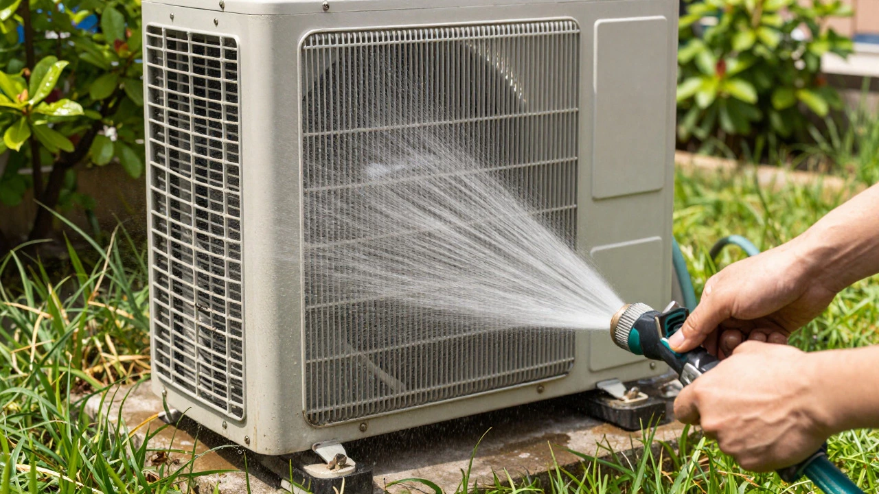 Hands using a hose to clean dirt off the fins of an outdoor heat pump condenser unit