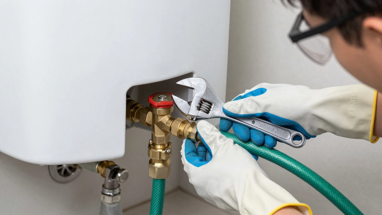 Hands with gloves using a wrench on a water heater drain valve with a hose attached
