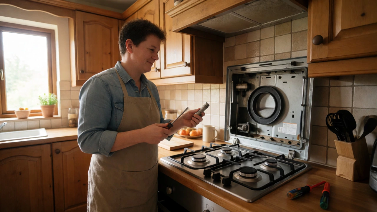Homeowner holding a replacement igniter part next to an open gas hob in a kitchen.