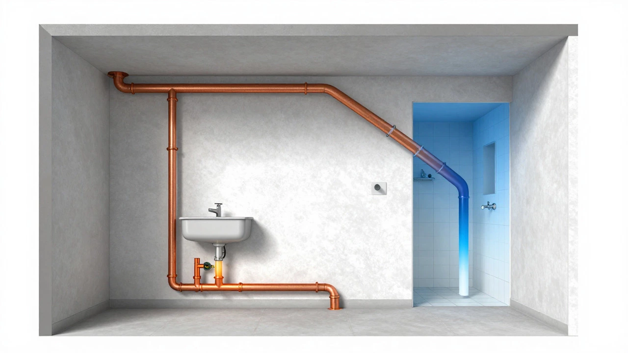 House cross-section showing hot water pipe length difference between kitchen and bathroom