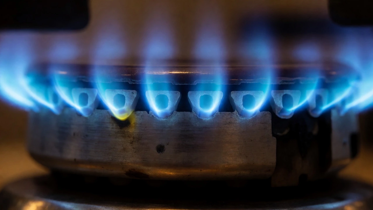 Macro shot of a gas burner producing a clean blue flame with slight yellow soot at the base.