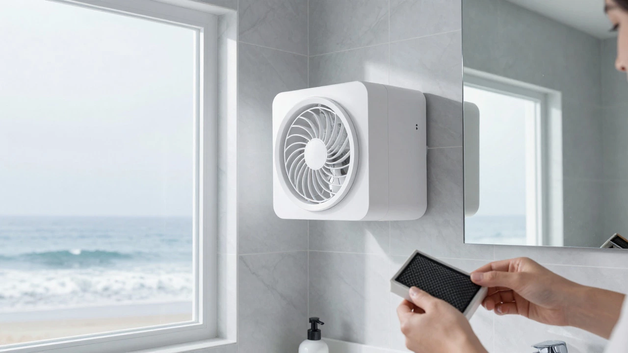 Modern bathroom with a clean extractor fan and a view of the ocean