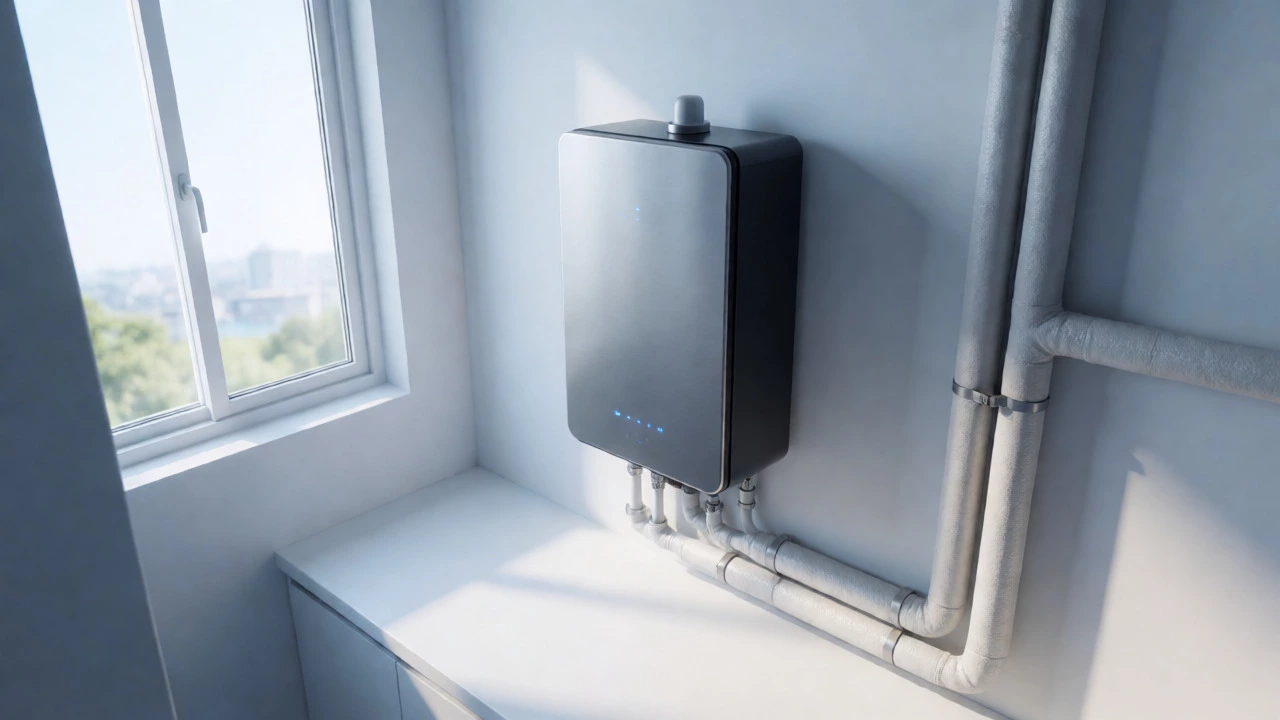 Modern tankless water heater mounted on a clean wall in a bright utility room.