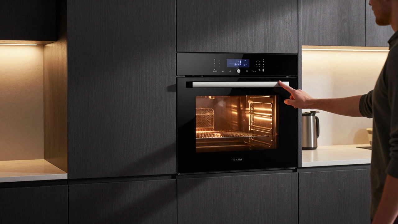 Person testing a newly installed built-in electric oven in a modern kitchen