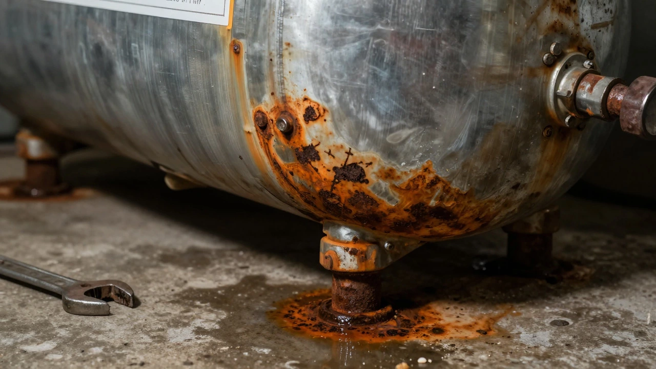 Rusted water heater tank leaking water onto concrete floor