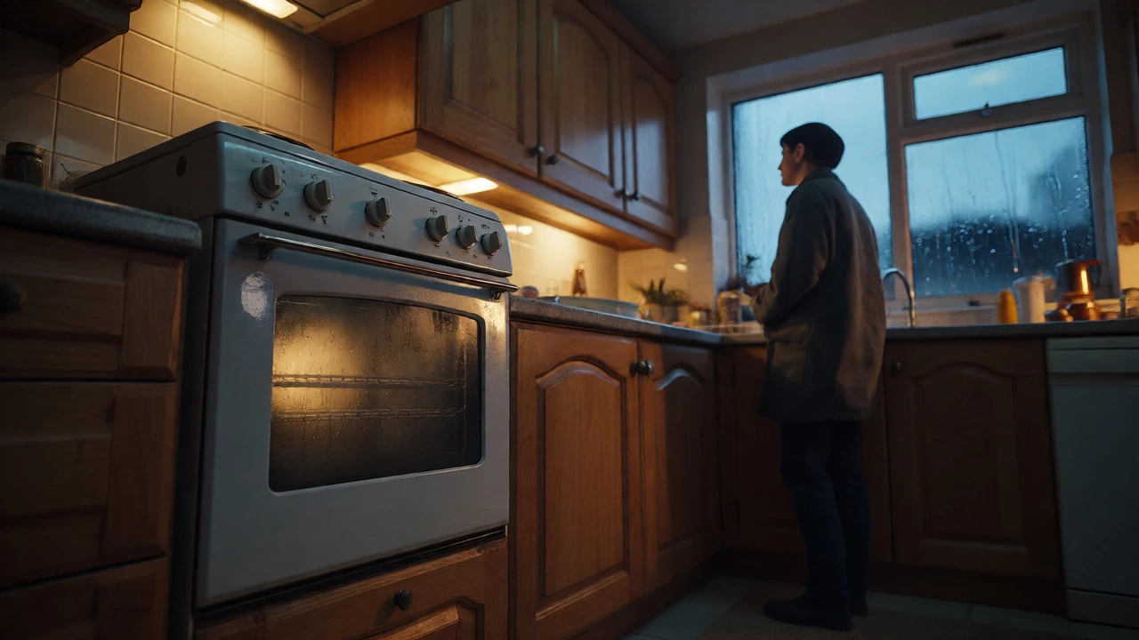 A foggy older oven in a rainy UK kitchen, highlighting condensation and age-related wear.