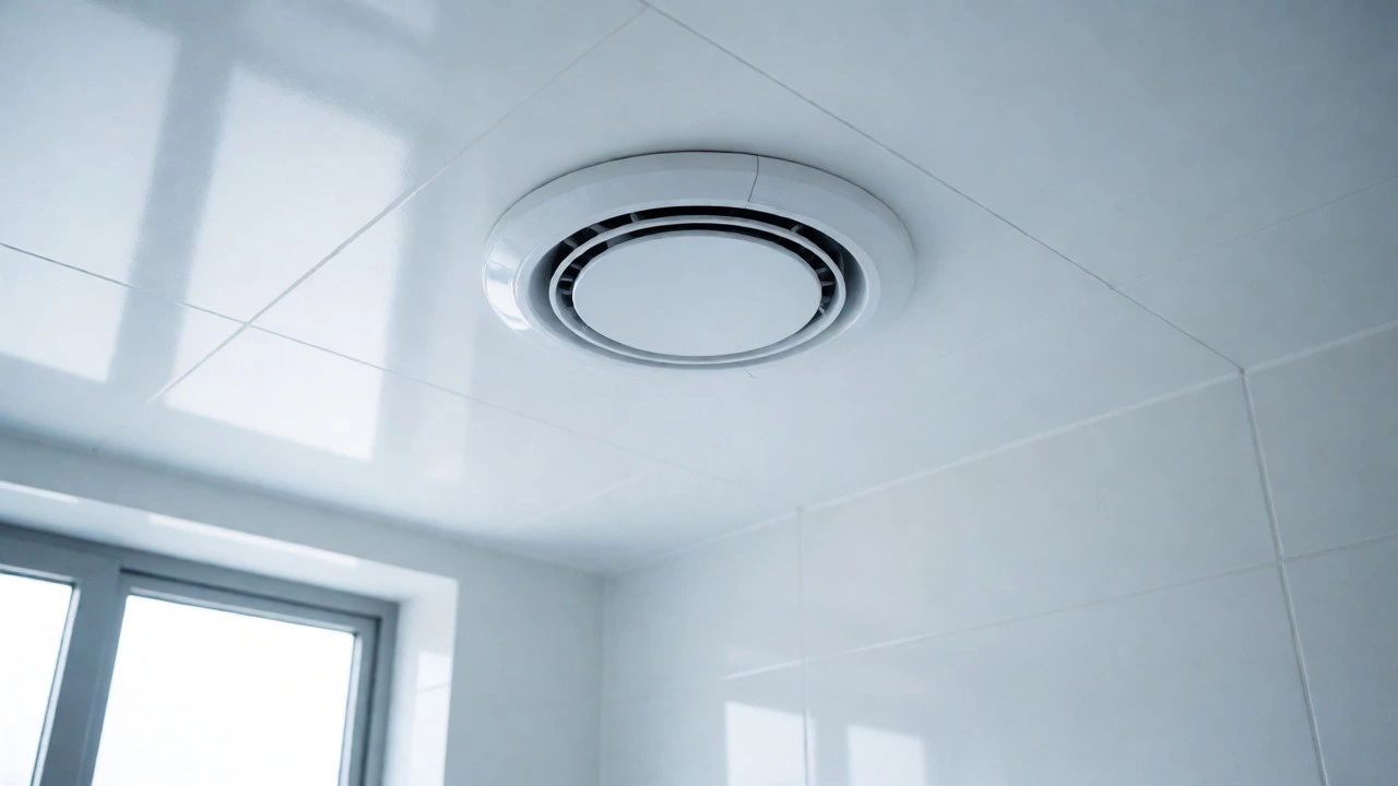 Clean white circular extractor fan grille installed on a tiled bathroom ceiling, showing a finished look.