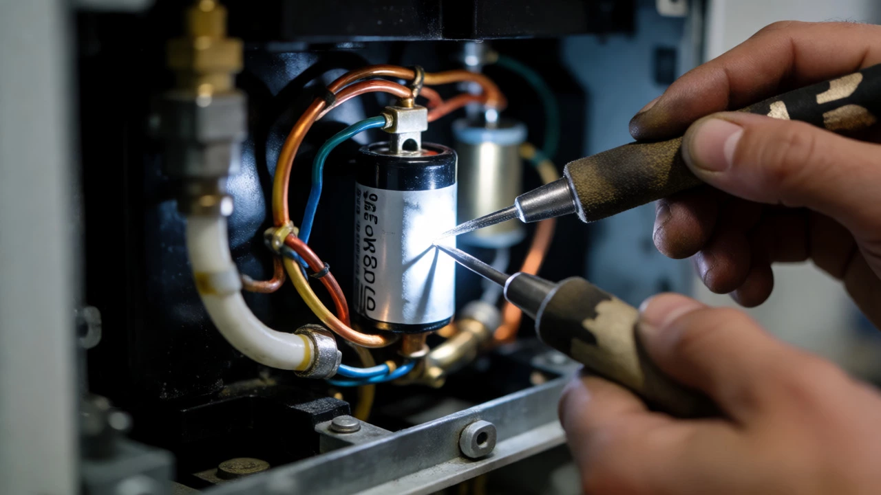 Close-up of a technician replacing a capacitor inside a heat pump unit