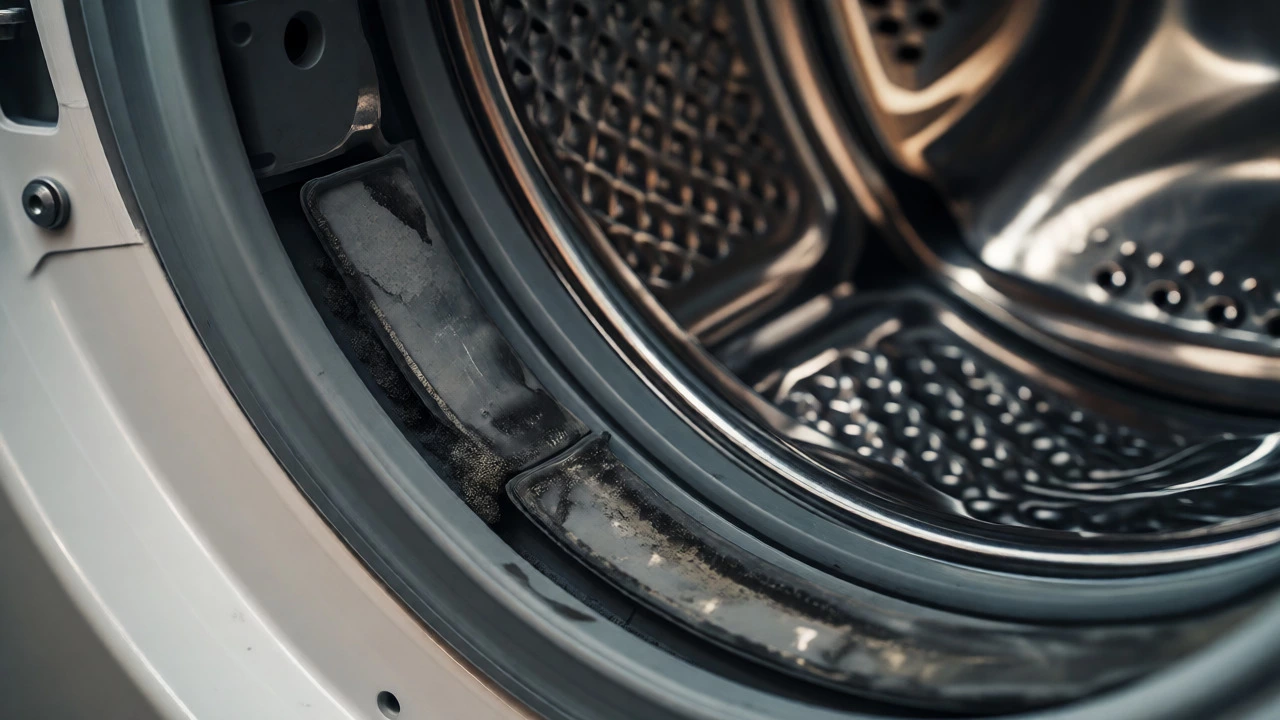 Close-up of a worn rubber seal and scratched drum inside a washing machine.