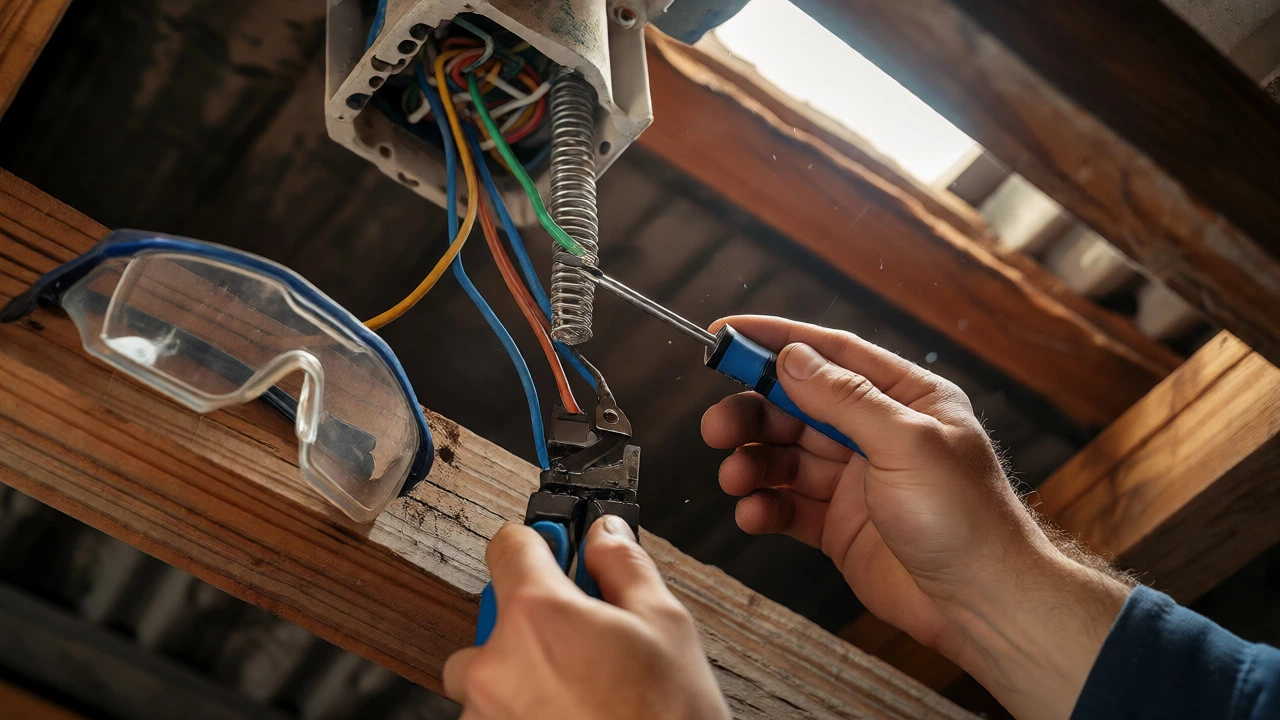 Close-up of hands disconnecting Live, Neutral, and Earth wires from a ceiling fan junction box.
