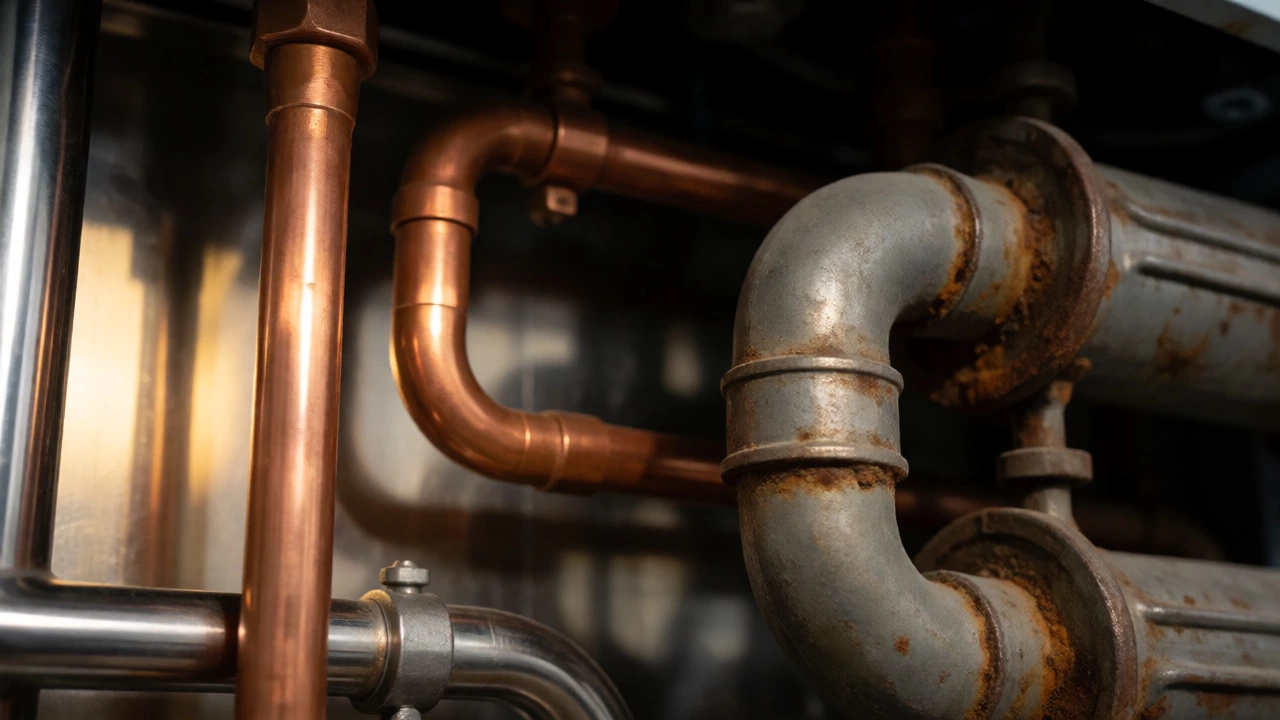 Comparison of corroded old boiler parts next to shiny new heat exchanger components