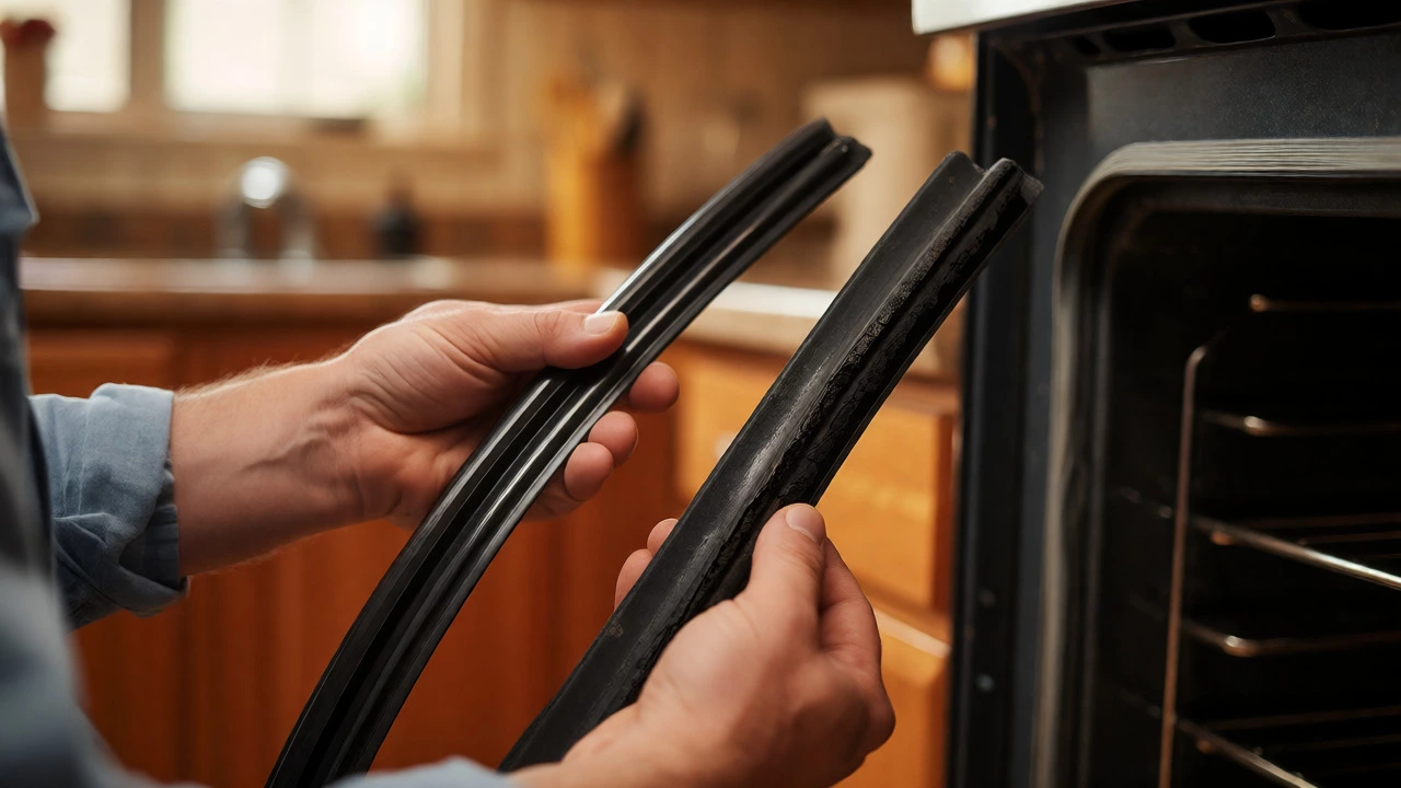 Comparison of old cracked oven door seal and new replacement