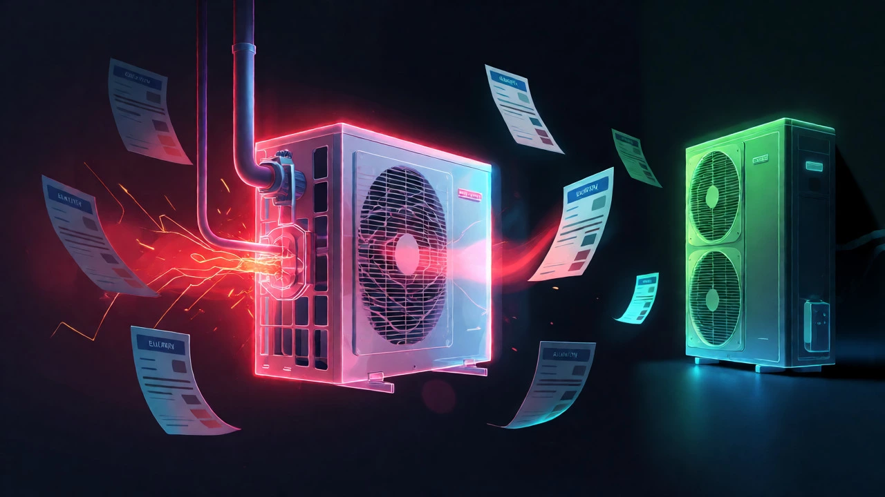 Conceptual illustration of an inefficient heat pump leaking energy compared to a modern one.