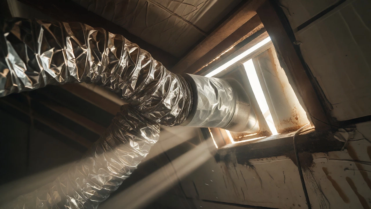 Crushed flexible ducting connected to external vent