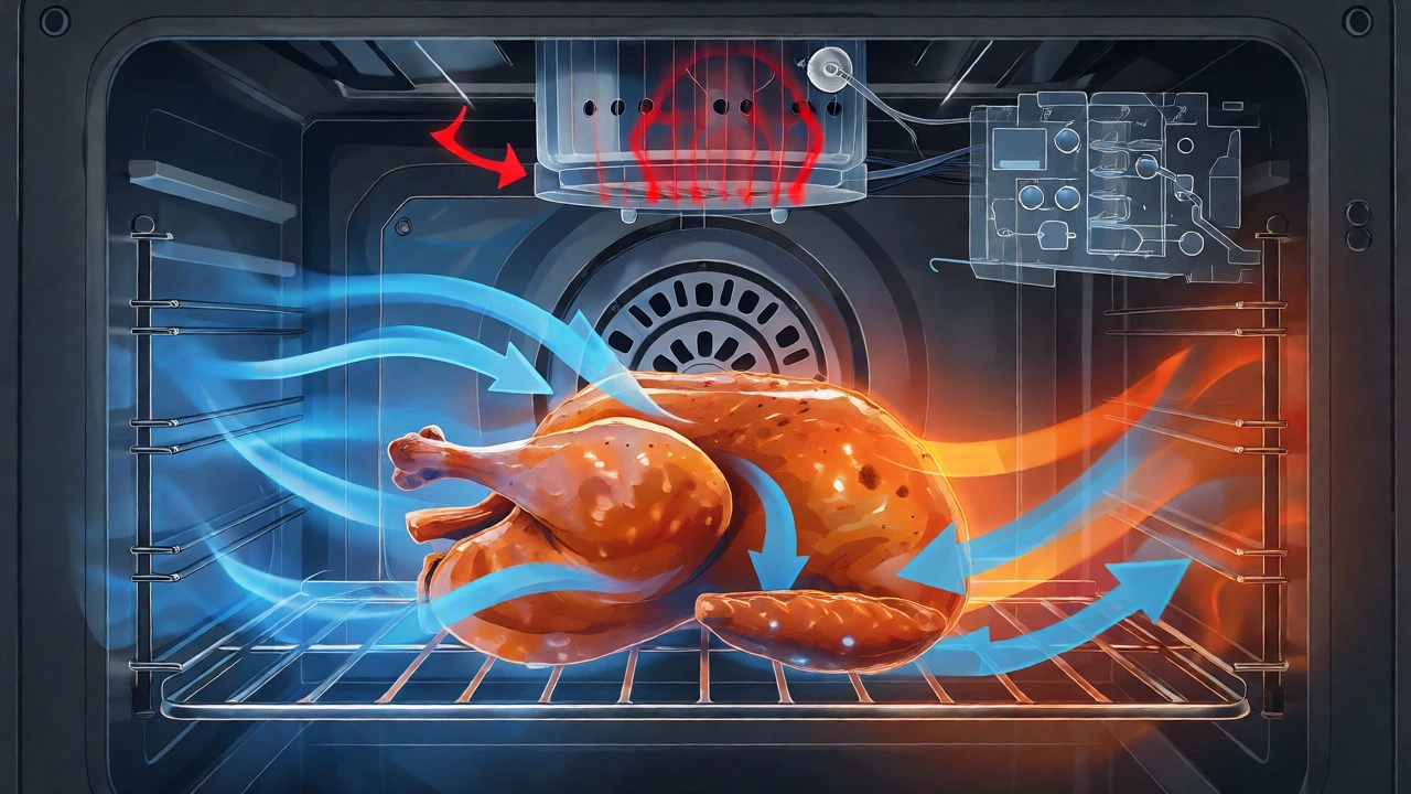 Cutaway view of convection oven airflow and fan motor issues
