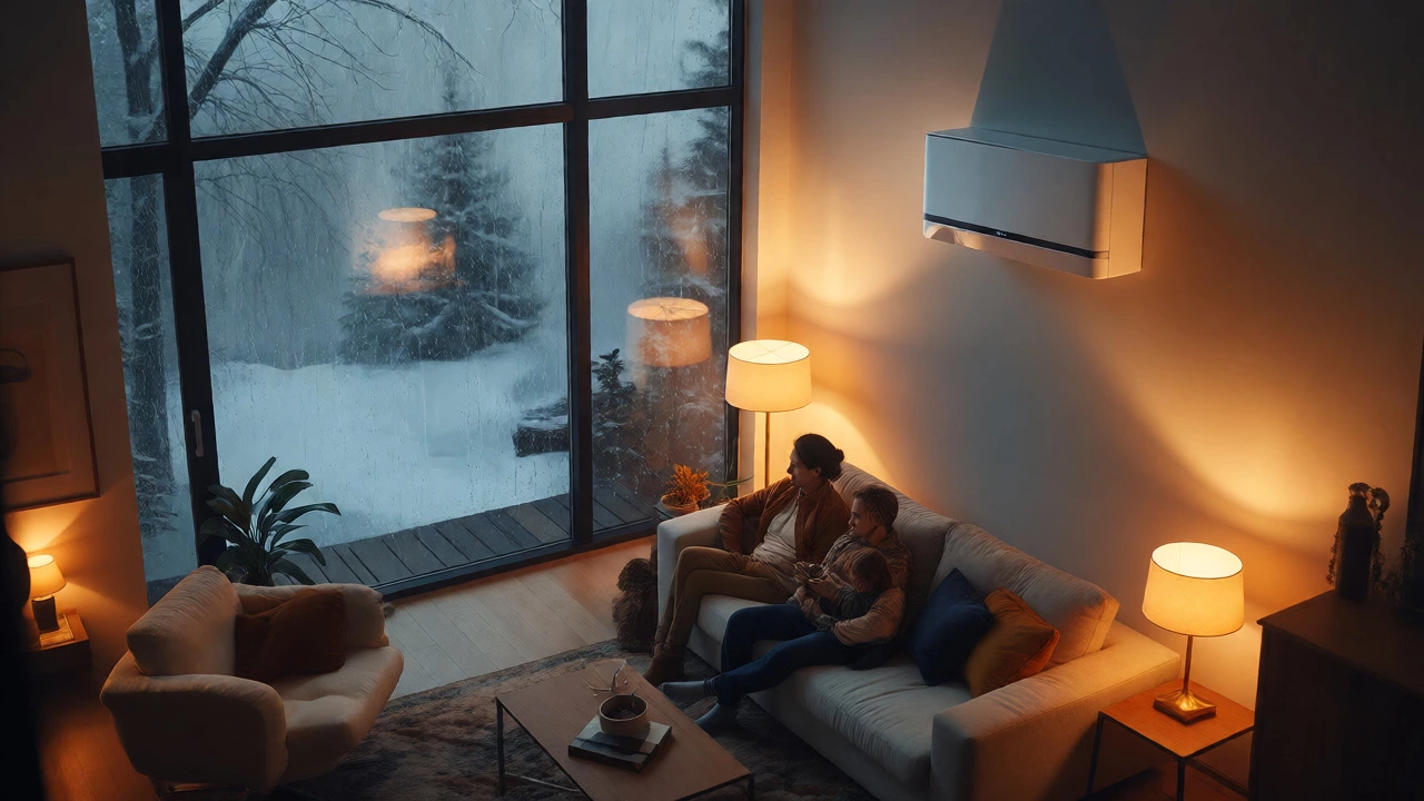 Family relaxing in a warm, comfortable living room with a modern heat pump installed.