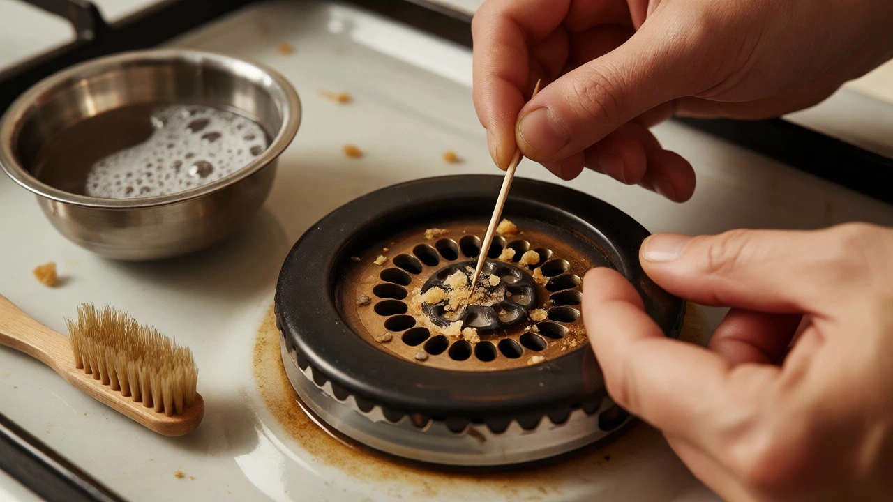 Hands cleaning clogged gas burner ports with a toothpick