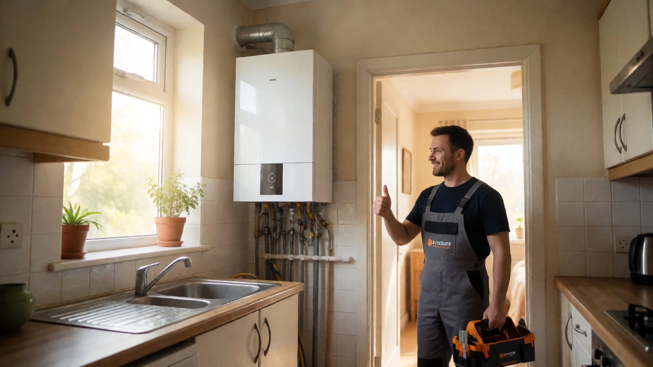Heating engineer installing a new modern boiler in a bright home interior
