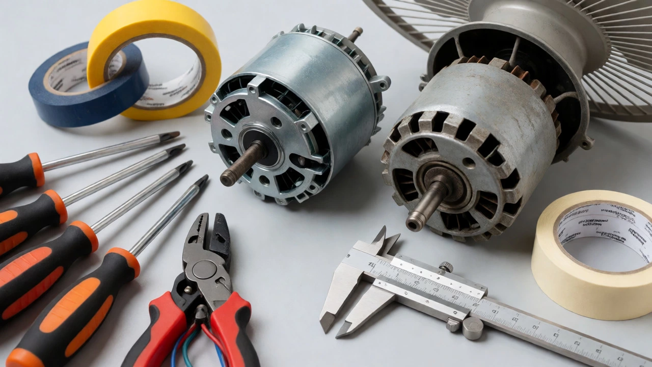 New and old extractor fan motors placed side-by-side on a workbench with tools like calipers and screwdrivers.