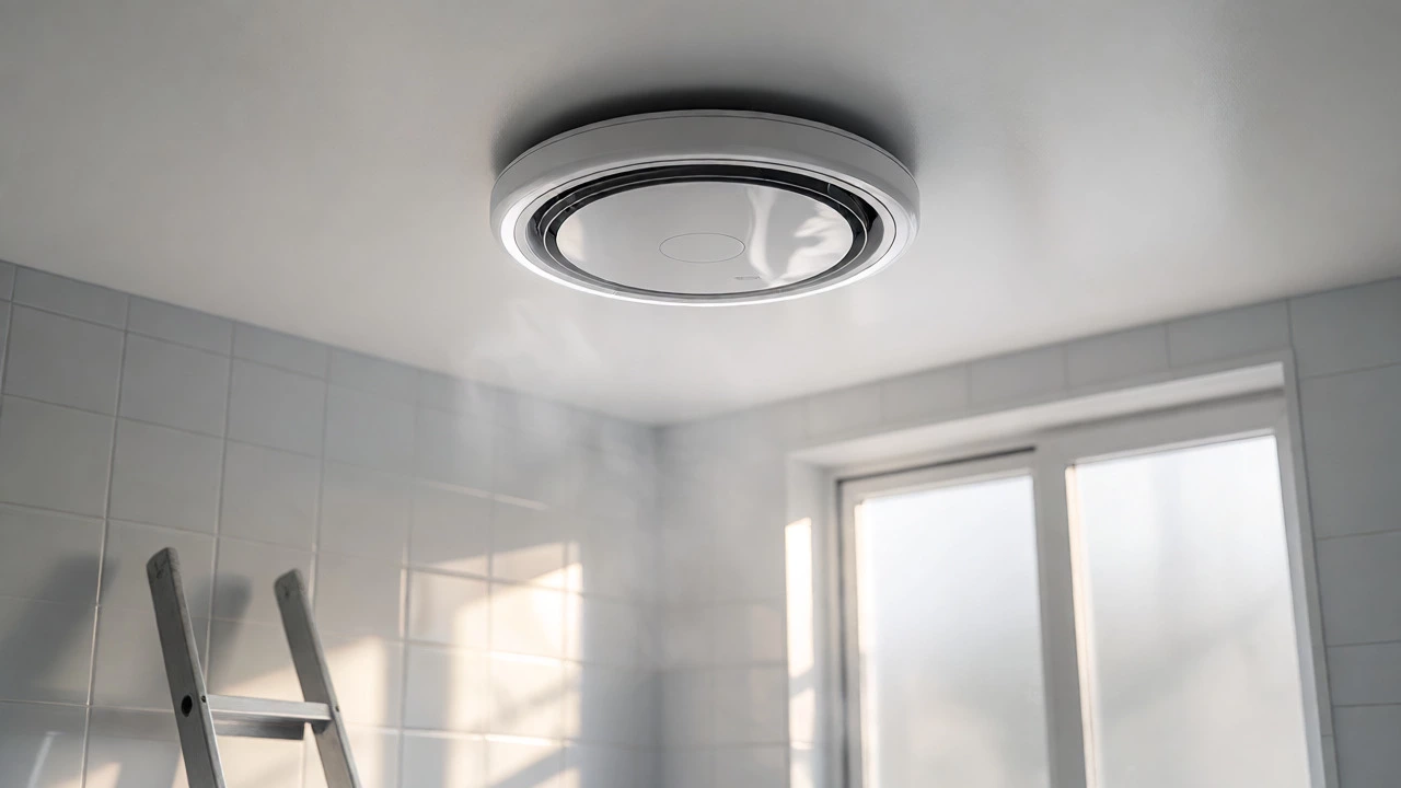 Newly installed modern circular extractor fan on a clean white bathroom ceiling in sunlight.