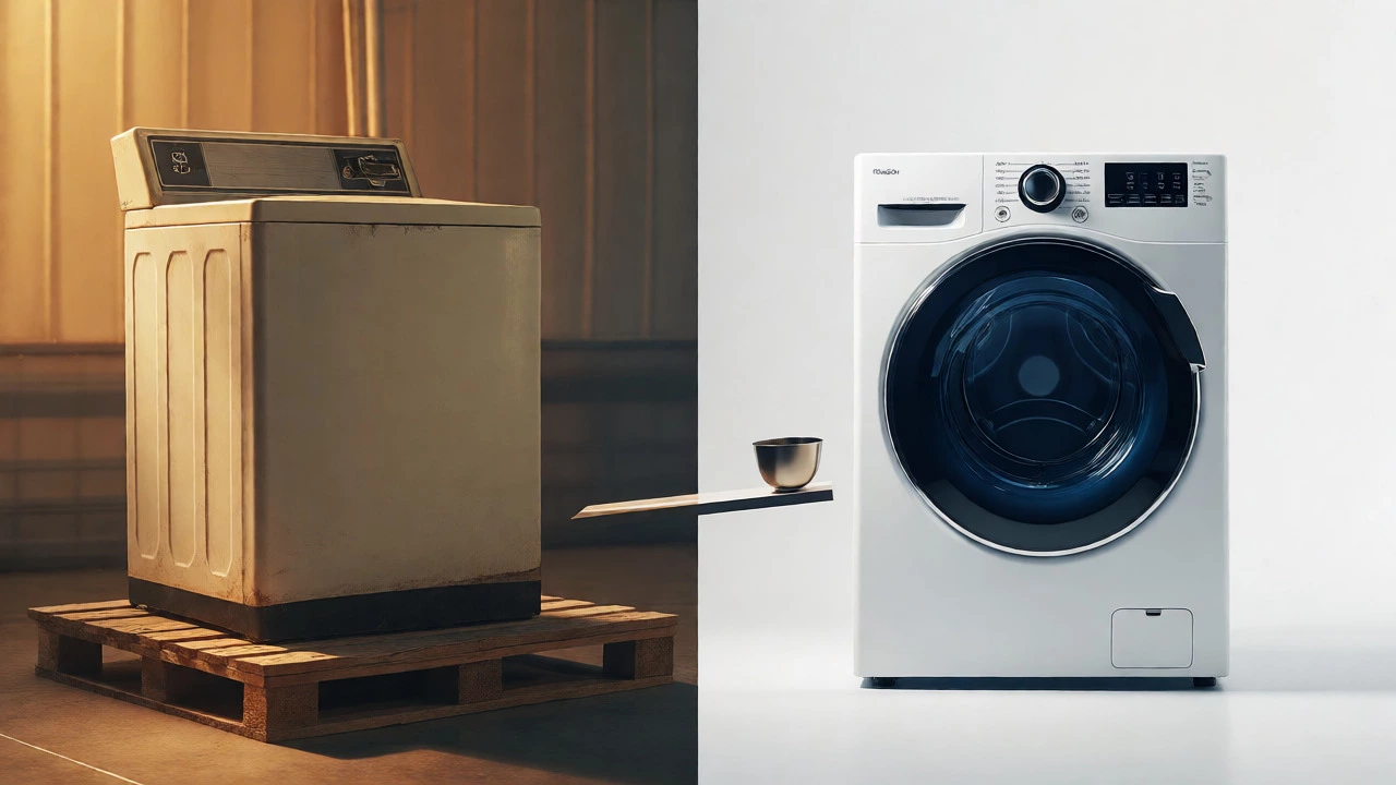 Split view comparing an old top-loader washer with a new modern model.